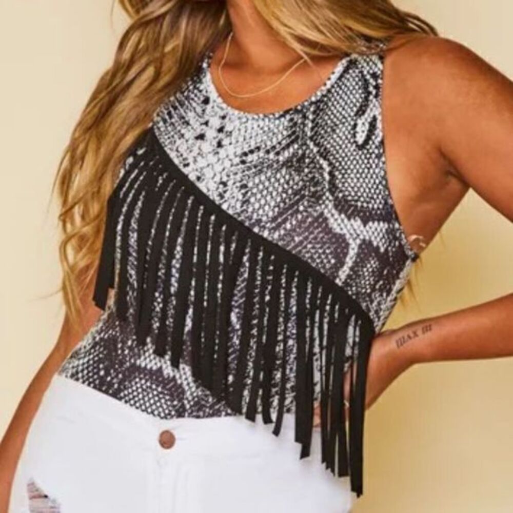 NWT Peach California Love Black Snake Print Fringe‎ Bodysuit Large - Picture 3 of 9